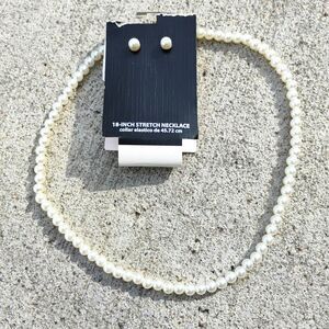 White Beaded Necklace & Earrings Set Chunky Statement Cord Jewelry Lightweight